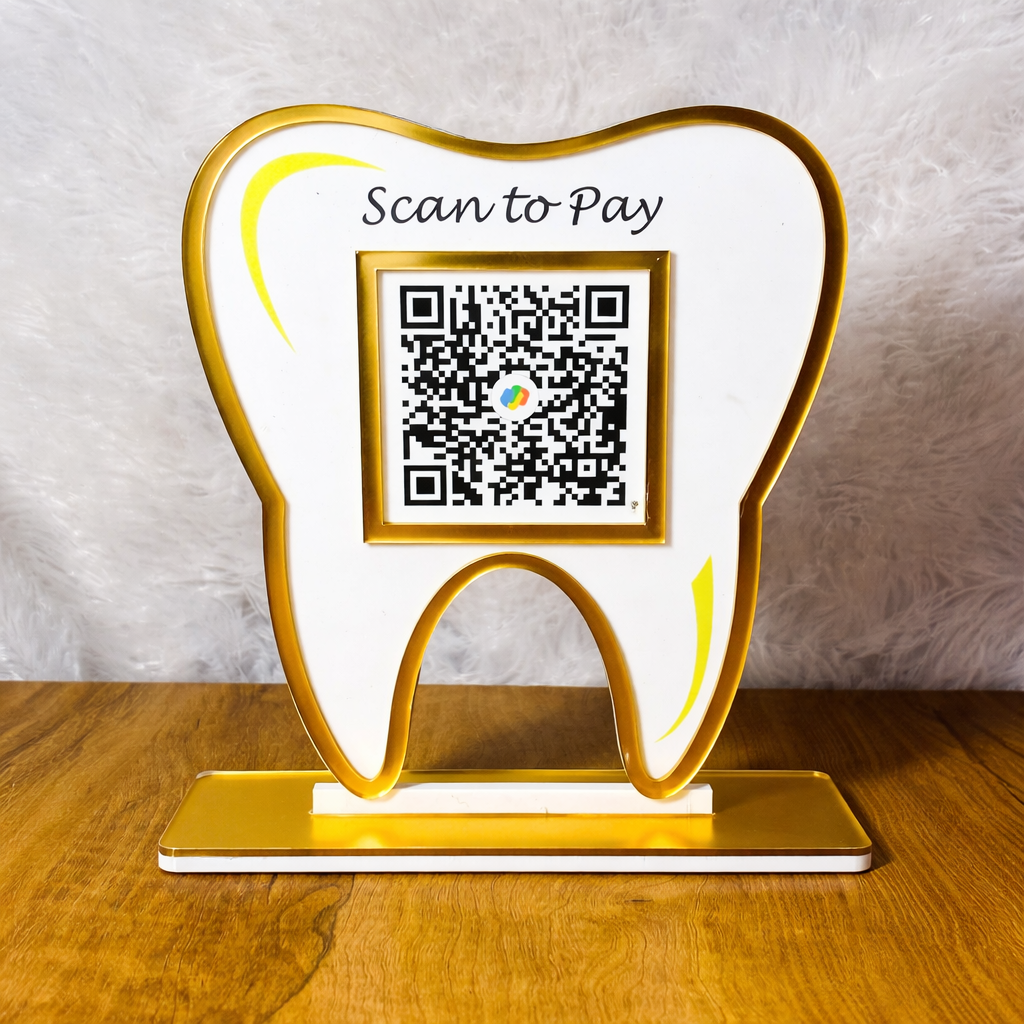 1 QR NFC Enabled Tooth Cutout For Dentists Dental Clinic Dental Care Dental Hospital Scan To Pay Standee for Dental Clinic