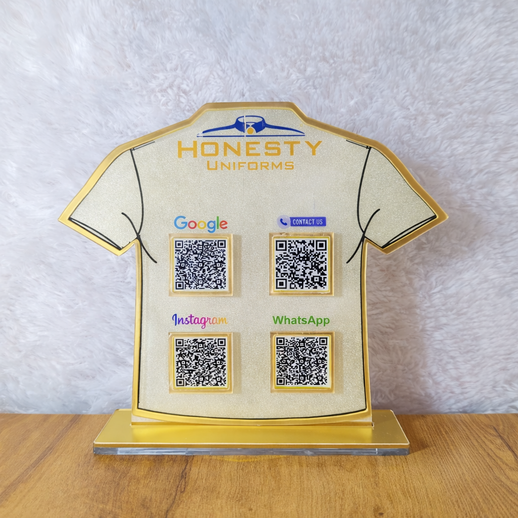 4 QR NFC Enabled Shirt Shape Frosted Standee For School Uniform Shop Student Uniforms