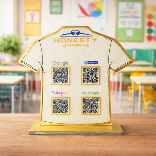 4 QR NFC Enabled Shirt Shape Frosted Standee For School Uniform Shop Student Uniforms