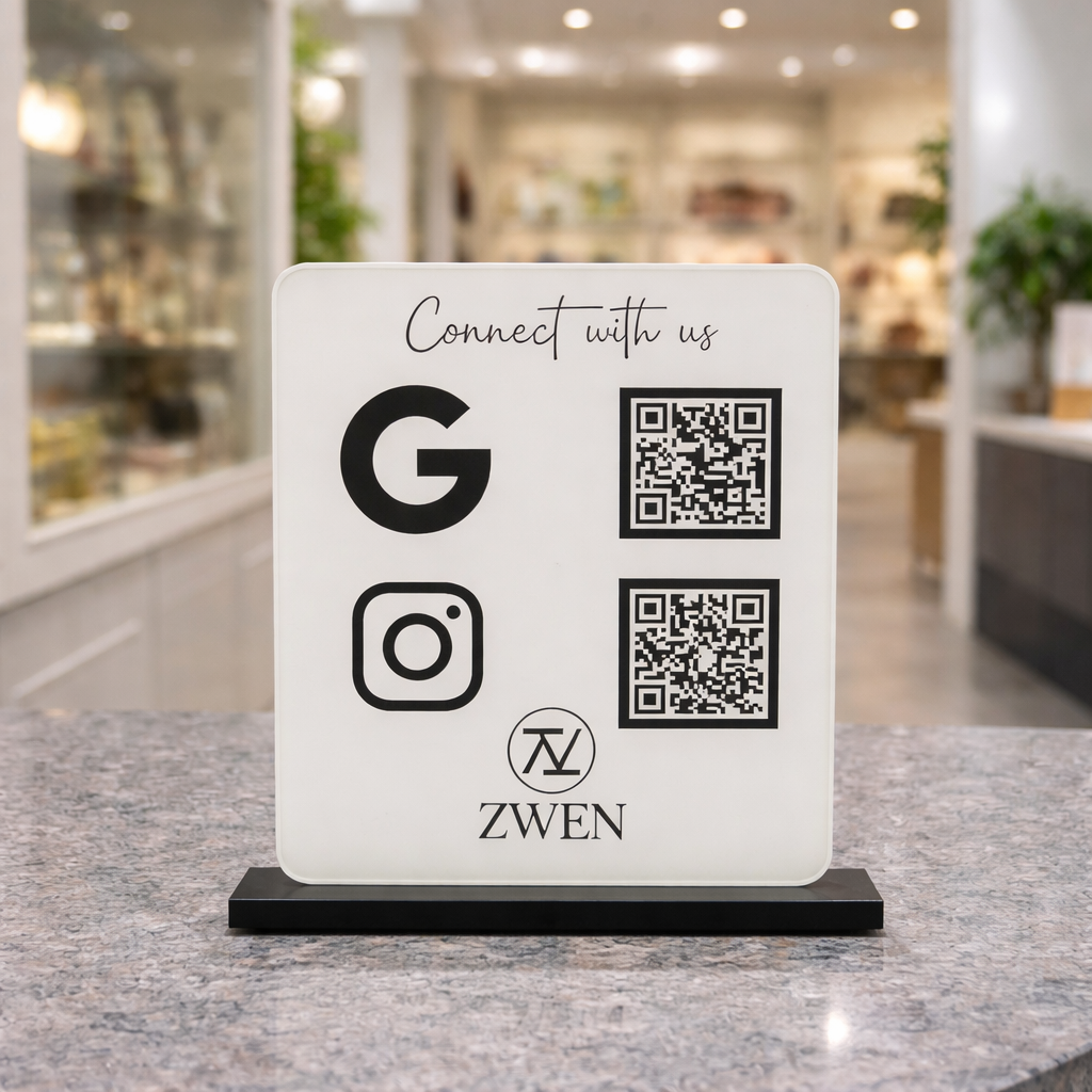 2 QR NFC Enabled Digital Premium White Standee with Black Icons for Shops Cafes Clinics & Offices For Hospital