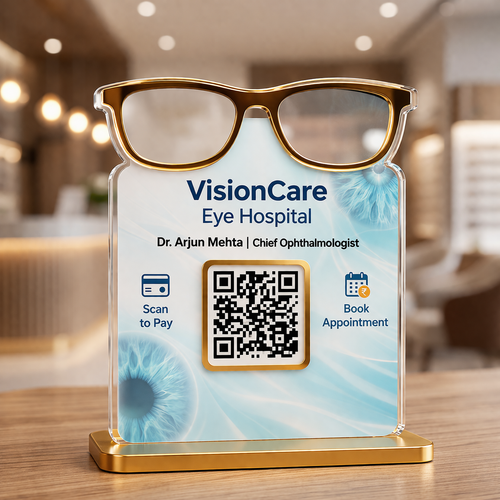 1 QR NFC Enabled Premium Acrylic Eyeglasses Cut-Out Standee for Eye Hospital | Scan to Pay