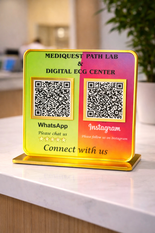 2 QR NFC Enabled Golden Border Colorful Countertop Standee for Shops Cafes Clinics & Offices