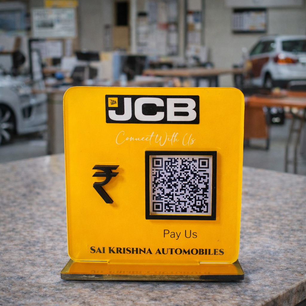 1 QR NFC Enabled JCB Theme Square Premium Standee Automotive Garage | Car Workshop | Showroom Counter
