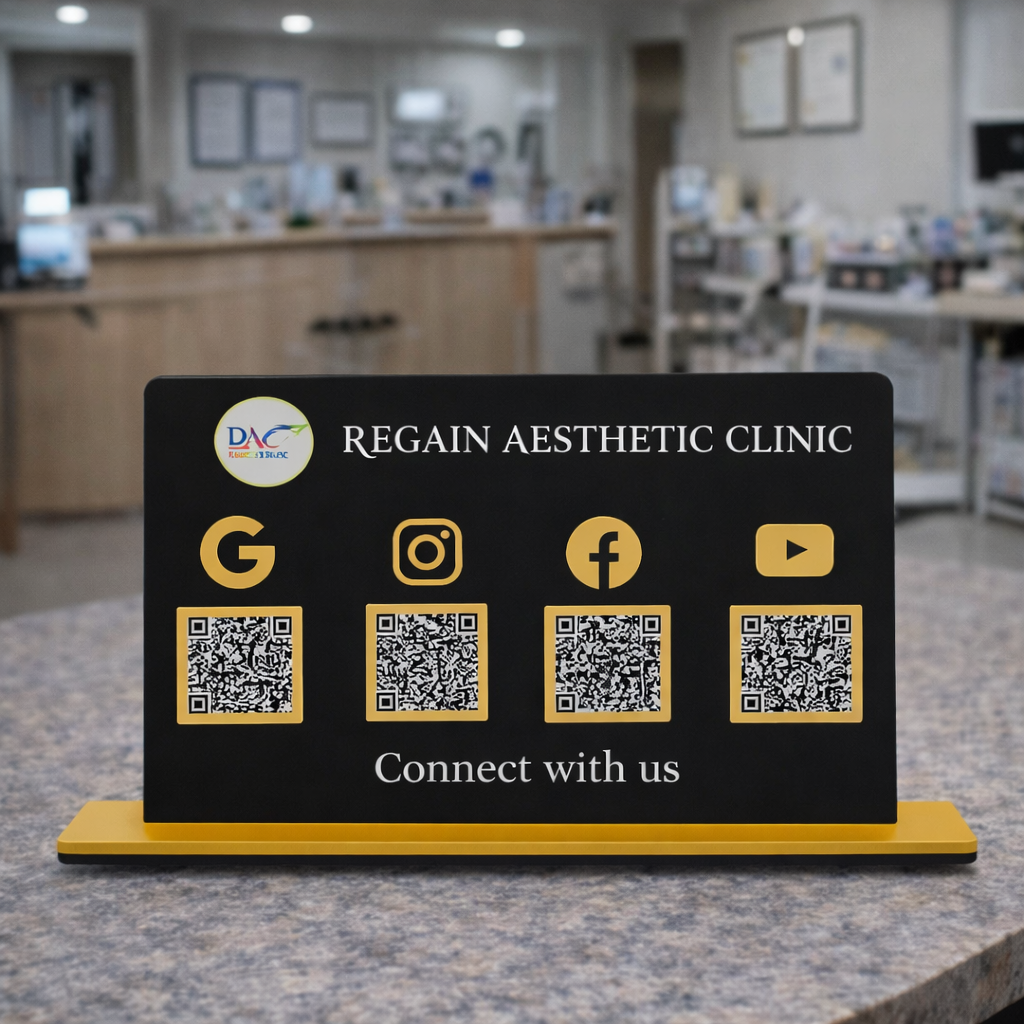 4 QR NFC Enabled Horizontal Black Colour Digital Standee For Clinic and Hospital