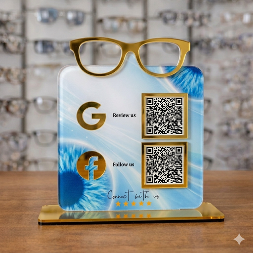 2 QR NFC Enabled Premium Acrylic Eyeglasses Cut-Out Standee for Eye Hospital | Scan to Pay | Book Appointment