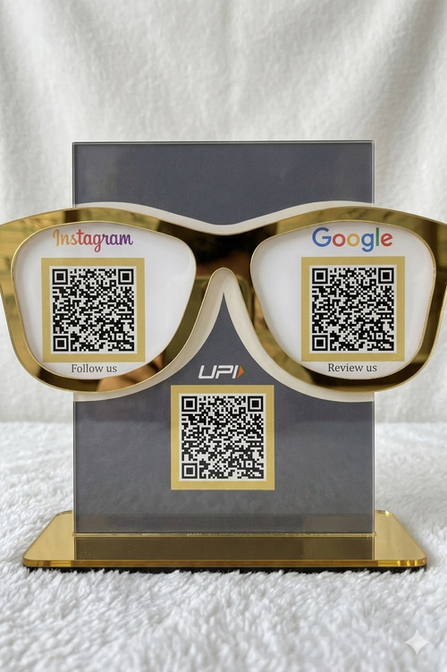 3 QR NFC Enabled Eyewear Store Table Top Acrylic Standee | For Optical Stores & Eye Clinics