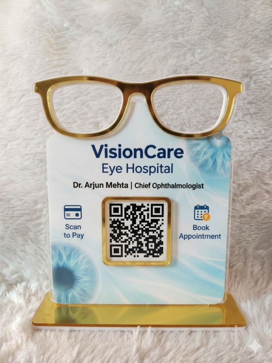 1 QR NFC Enabled Premium Acrylic Eyeglasses Cut-Out Standee for Eye Hospital | Scan to Pay