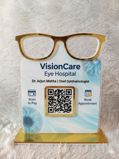 1 QR NFC Enabled Premium Acrylic Eyeglasses Cut-Out Standee for Eye Hospital | Scan to Pay