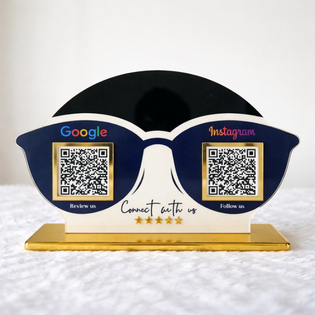 2 QR NFC Enabled Optical Face Shape Standee | Acrylic Counter Display For Clinic and Hospital