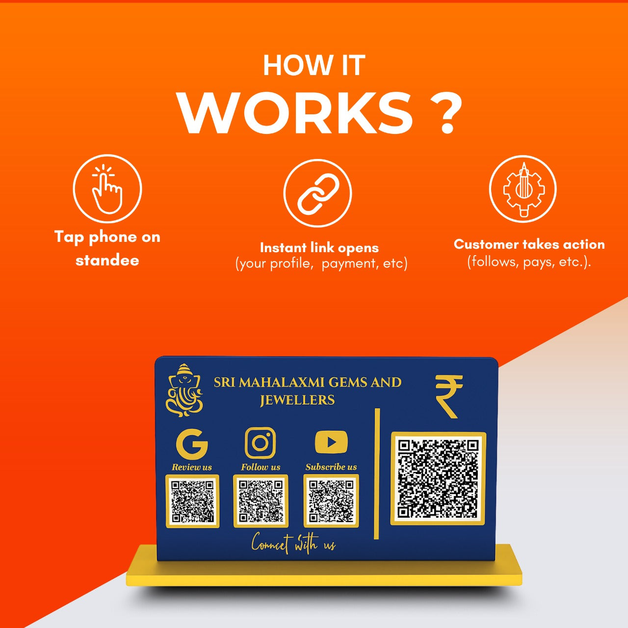 4 QR NFC Enabled Horizontal Blue Colour QR Standee with Payment QR For Jewellers.