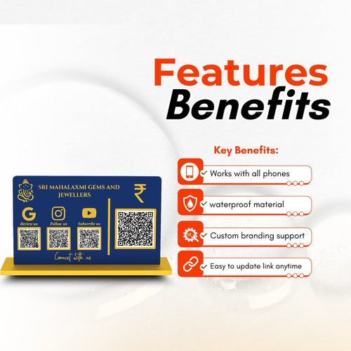 4 QR NFC Enabled Horizontal Blue Colour QR Standee with Payment QR For Jewellers.