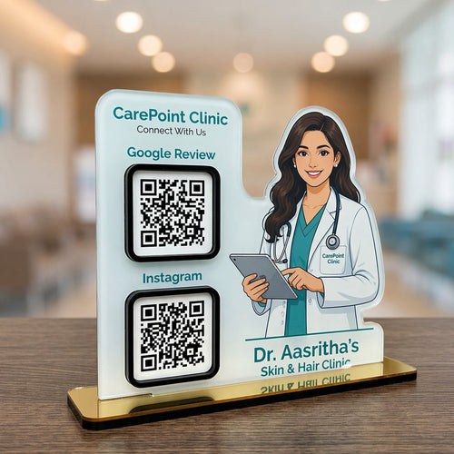 2 QR NFC Enabled Female Doctor Shape Tabletop Standee | Clinic and Counter Display For Clinic and Hospital