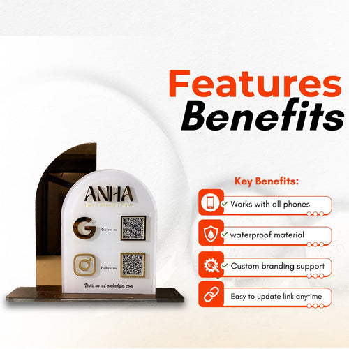 2 QR NFC Enabled Arch Round Shaped Acrylic Standee For Salon and spa
