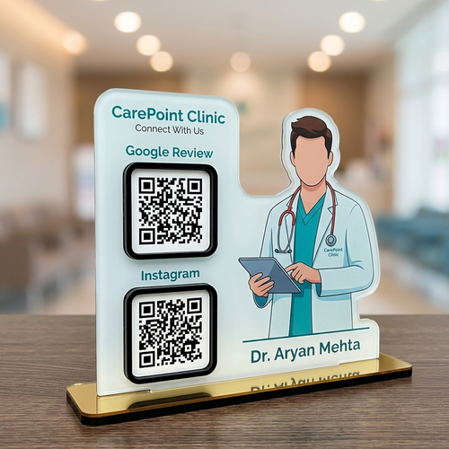 2 QR NFC Enabled Doctor Shape Tabletop Acrylic Standee | Counter Display For Clinic and Hospital