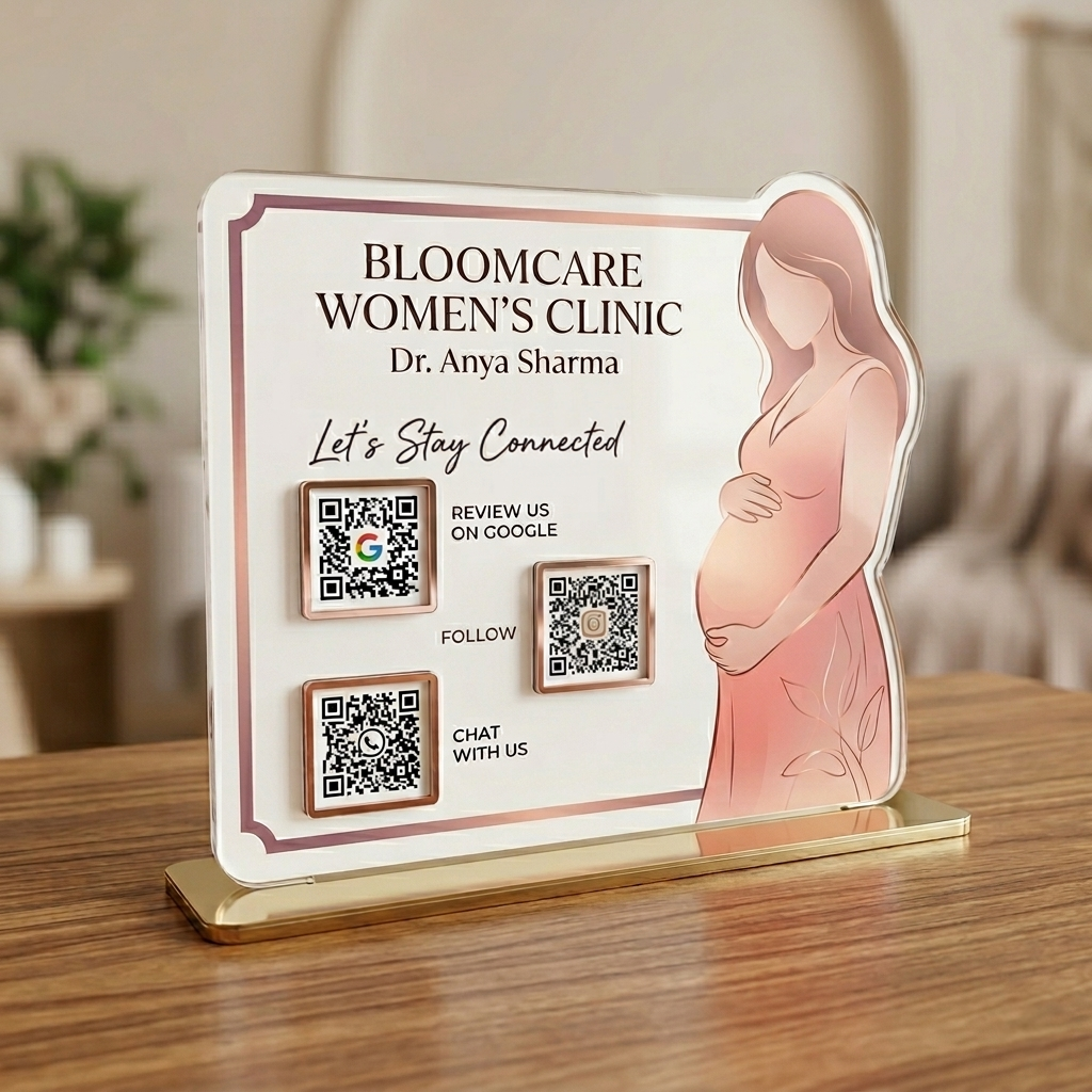 3 QR NFC Enabled Gynecologist & Women’s Clinic Acrylic Standee | Maternity Tabletop Display For Clinic and Hospital