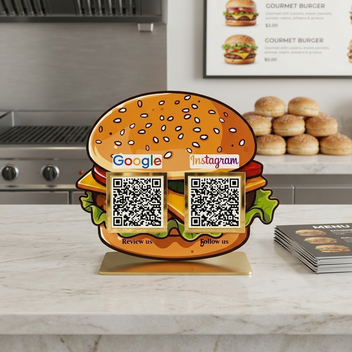 2 QR NFC Enabled Burger Shape Standee for Restaurant and Cafe
